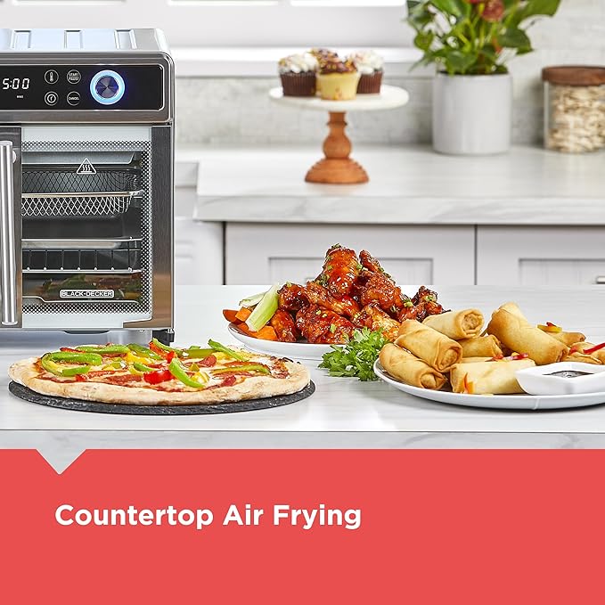 BLACK+DECKER Crisp 'N Bake Air Fryer Toaster Oven Combo 12 in 1 Countertop Convection Oven Cooks Food Fast Fits a Whole Pizza or 6 Toast Slices French Doors with Stainless Steel Finish