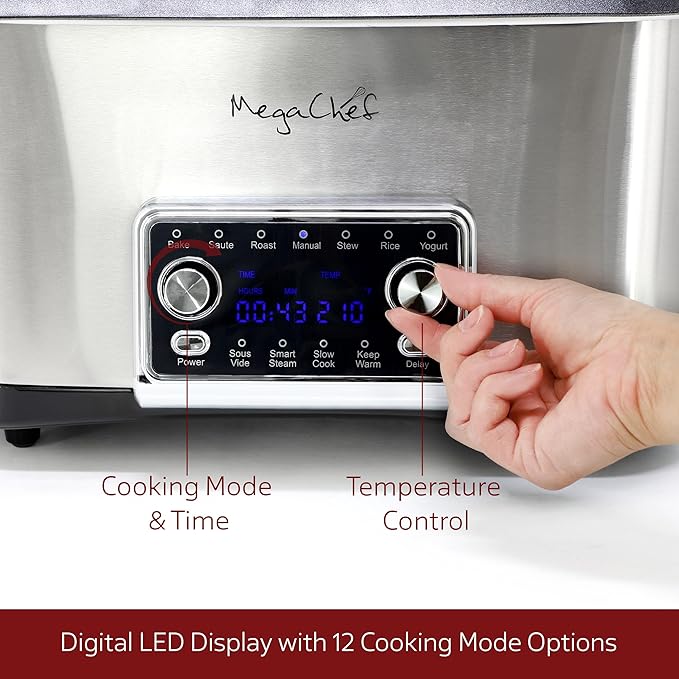MegaChef Deluxe 8 Quart 12-in-1 Programmable Multi Cooker with Sous Vide and Multi-Functions Digital Display Adjustable Temperature &amp Time Removable Pot Tempered Glass Lid