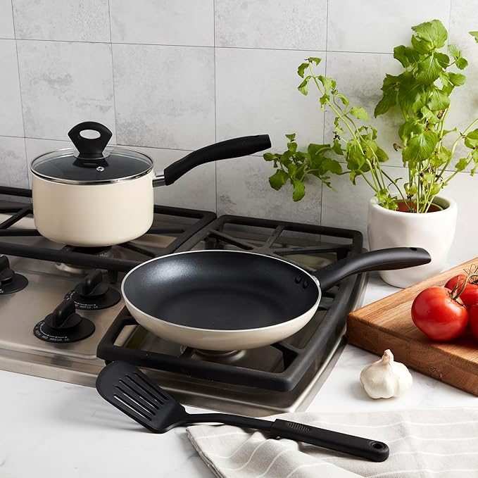 Basic Essentials 4-Piece Nonstick Aluminum Starter Cookware Set Fry Pan Skillet Saucepan Pot with Glass Lid and Nylon Spatula Turner Cream White