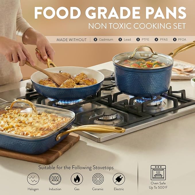 Gotham Steel Hammered 20Pcs Ceramic Cookware Set Induction Pots and Pans Set Non Stick with Deep Fry Pan Steamer &amp Bakeware Non Toxic PFOA PFOS Free Oven &amp Dishwasher Safe