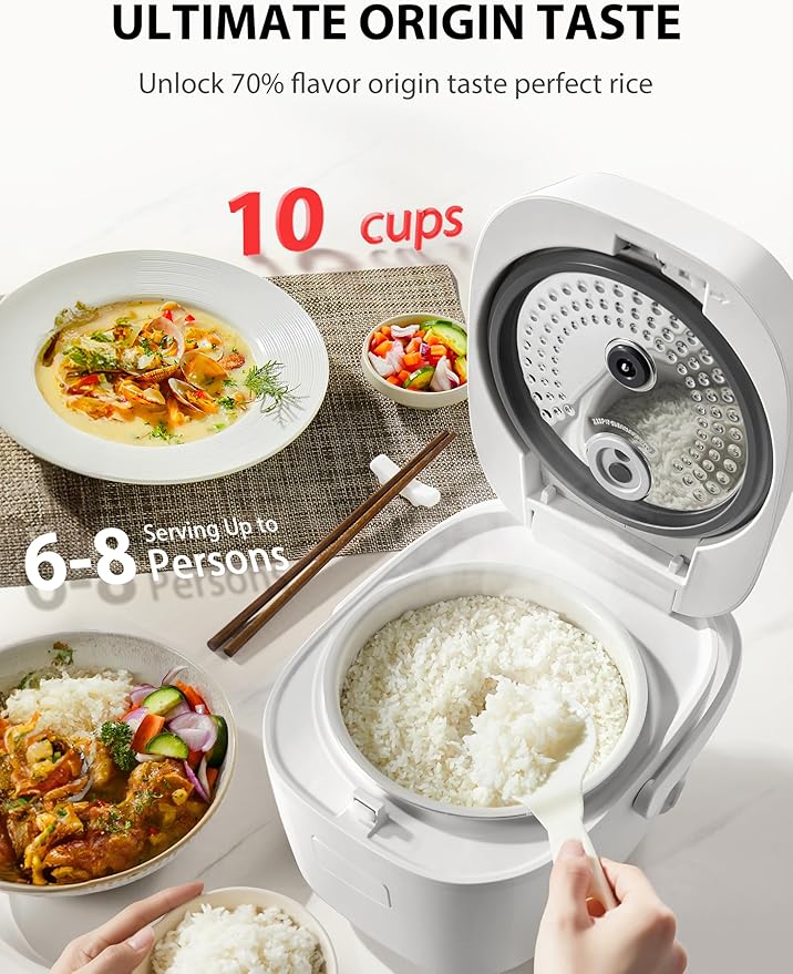 TOSHIBA OriginTaste Rice Cooker 10-Cup Uncooked Fuzzy Logic 15-in-1 Functions Digital Display Delay Timer Keep Warm Nonstick Inner Pot White