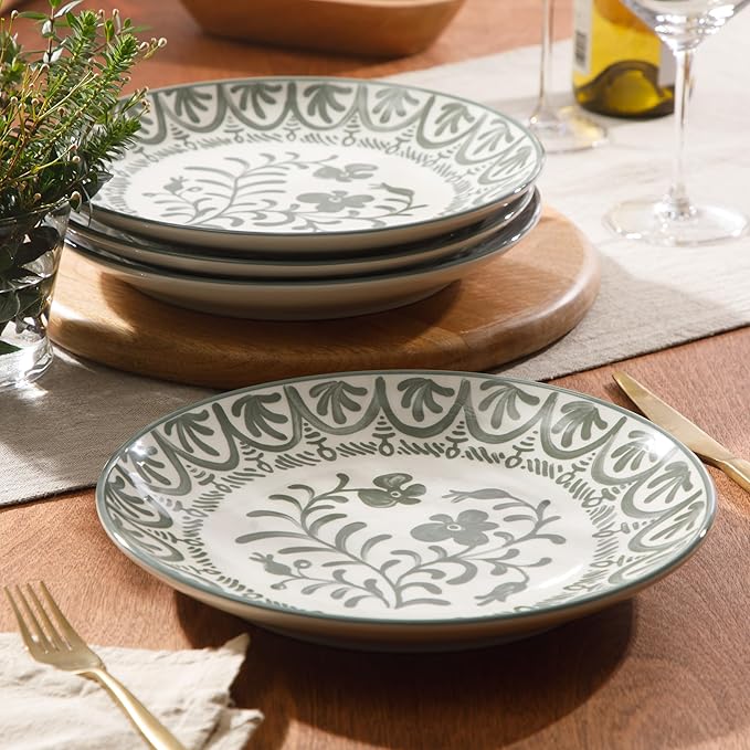 Bloomhouse - 2-Time Oprah’s Favorite Things - Valencia Flor 4 Piece 10.75” Dinner Plate Set Stoneware Plates Mediterranean Floral Decal Design Microwave &amp Dishwasher Safe Fern Green