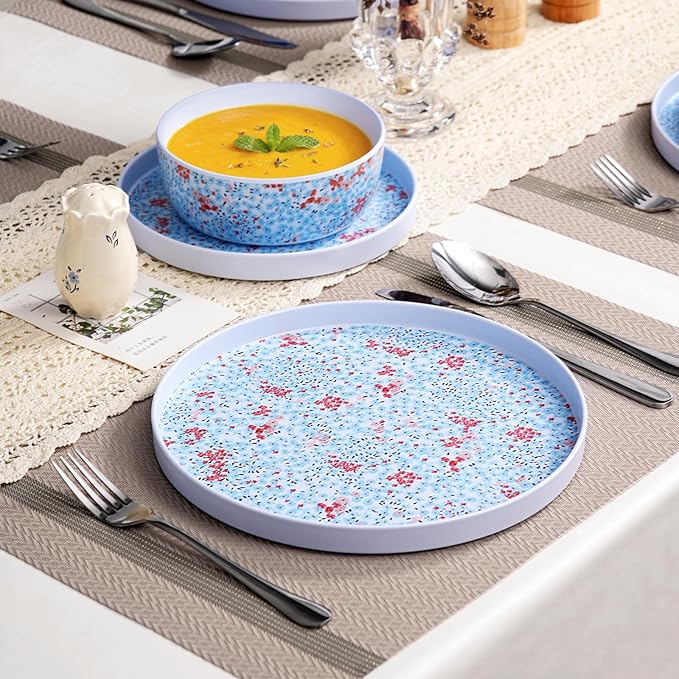 Spring Flower Melamine Dinnerware Set for 4 12 Piece Floral Plates and Bowls Set Dishwasher Safe Lightweight Dishes Straight Edge Tableware for Kitchen Indoor Outdoor RV Camping Picnic Gift