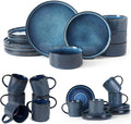 Famiware Dinnerware Set for 4 (12 Piece) and 12oz Mug Set (6 Piece) and 3oz Espresso Cups and Saucers Set- Star Stoneware Dishes - Nebulas Blue