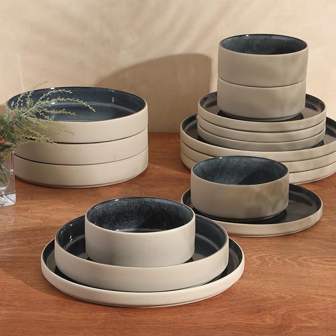 Gibson Elite Liberty Bay 16-Piece Pottery Clay Stoneware Dinnerware Set – Blue Reactive Glaze Stackable Plates and Bowls W/Pasta Bowl Service for 4 – Microwave &amp Dishwasher Safe