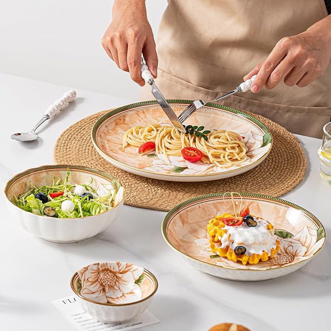 Plates and Bowls Sets for 4 16-Piece Dinnerware Set Ceramic Dish Sets for 4 with Camellia Floral Pattern Microwave &amp Dishwasher Safe for Everyday Use &amp Gift Giving