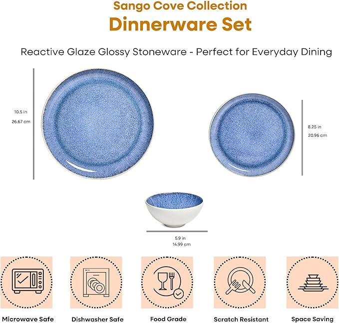 Sango 12-Piece Stoneware Dinnerware Set for 4 Light Blue Reactive Glaze on White Plates and Bowls Sets Kitchen Ceramic Dish Set Modern Dishes for Everyday Dining Microwave &amp Dishwasher Safe C