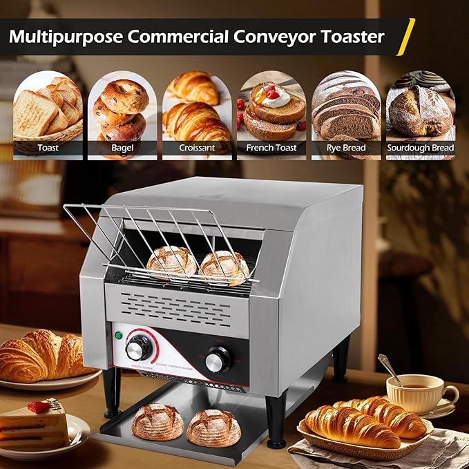 Dyna-Living Commercial Toaster 300 Slices/Hour Conveyor Toaster Commercial 1900W Heavy-duty Stainless Steel Rotating Toasters Oven for Restaurant Conveyor Belt Toasters for Bun Bagel Bread