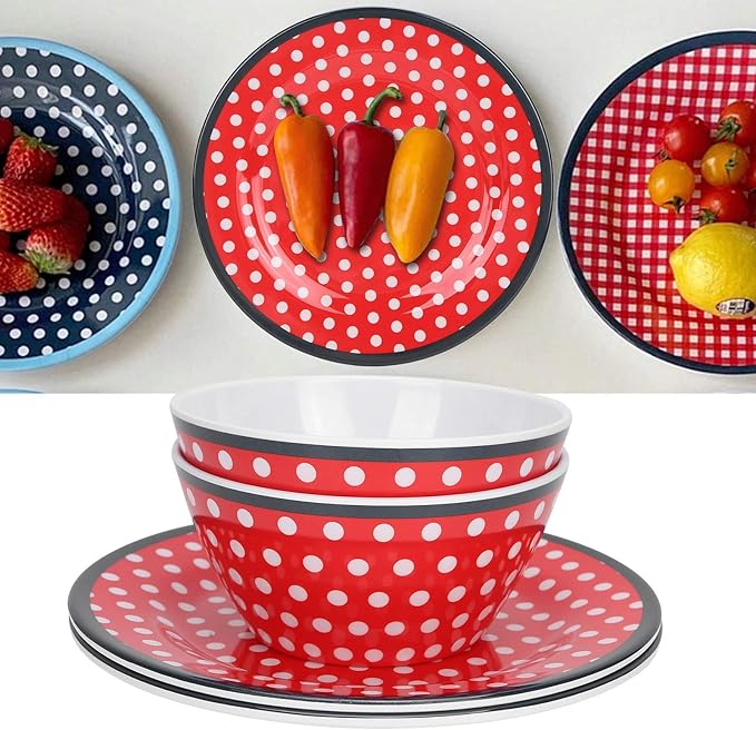 Dinnerware Set Red Dot Pattern Salad Dish Set 4PCS Reusable Fruit Food Dish Dinnerware Household Imitation Porcelain Accessory