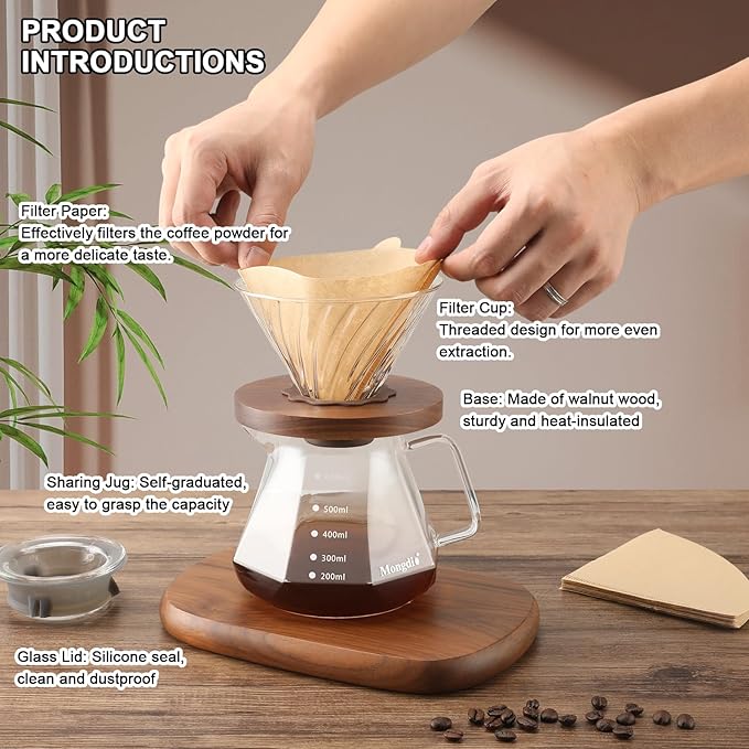 Mongdio Pour Over Coffee Maker 20 oz High-Heat Borosilicate Glass Coffee Maker with 100pcs Paper Filters 5 in 1 Drip Coffee Maker Set for Home Café Restaurant and Camping - 600ml Clear