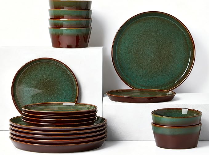 Plates and Bowls Sets for 6 Ceramic Dinnerware Sets Kitchen Dish Set Microwave &amp Dishwasher Safe Dishware Highly Durable Reactive Glazed Dinner Set Brown Green