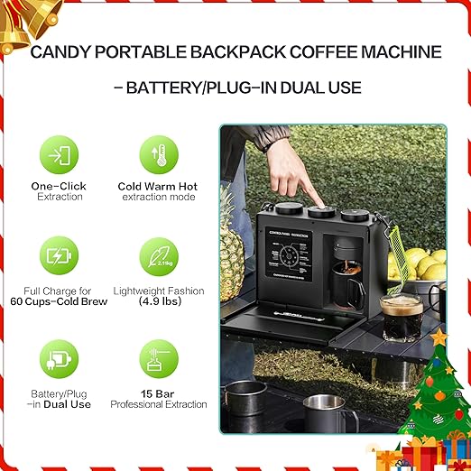 CANDY Portable Espresso Machine with Strap 3 in 1 Coffee Maker One-Touch Operation Rechargeable Cold Brew Up to 60 Cups for Ground Ideal for Camping RV &amp Outdoor Home Heating in Plug-in Mo