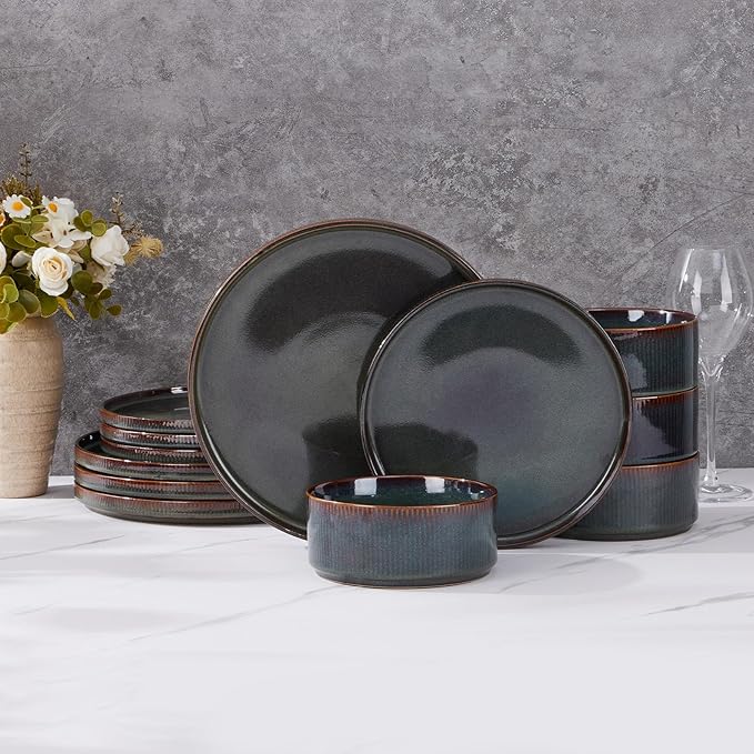 Vesteel Dinnerware Set for 4 12-Piece Stoneware Ribbed Dishes with Reactive Glaze Ceramic Plates and Bowls Set for Home Restaurant Chip &amp Scratch Resistant - Blackish Green