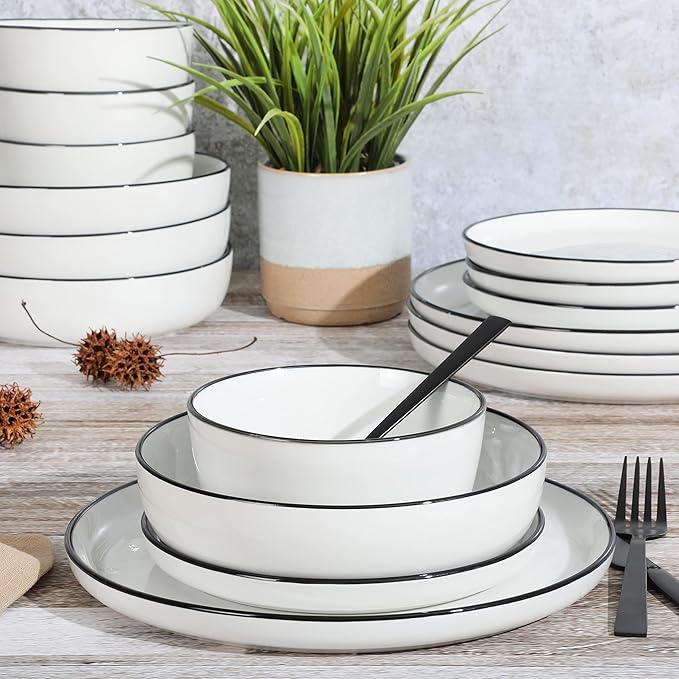 Gibson Home Oslo 16-Piece Porcelain Dinnerware Set Service for 4 – White Plates with Black Rim Microwave &amp Dishwasher Safe