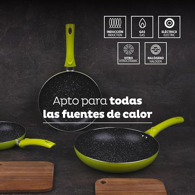 Set 3pc Frying Pan (20+24+28cm) Green Pressed Aluminum with Set 3pc Kitchen Utensils Silicone Wood with Set 4pc Stainless Steel Knives