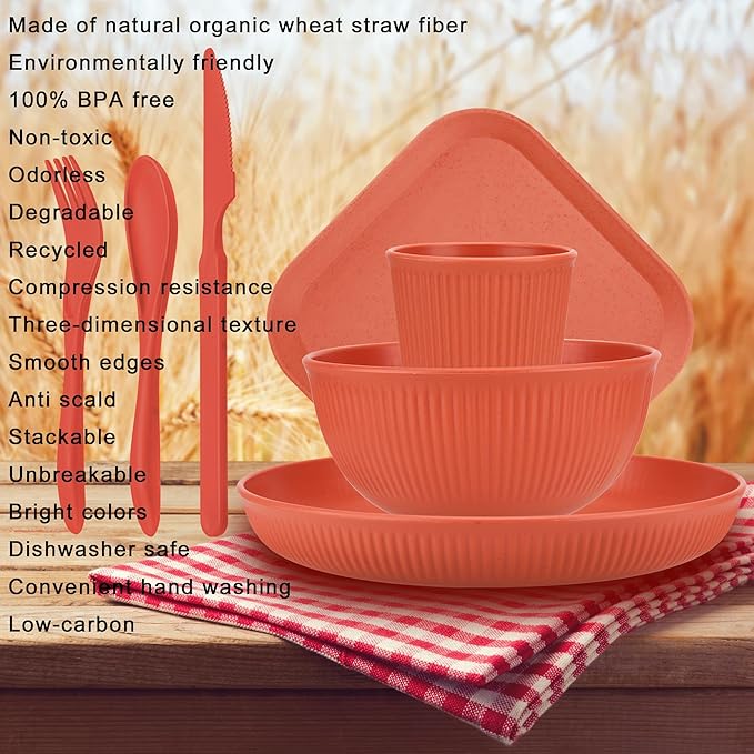 42-Piece Plates and Bowls Sets Wheat Straw Dinnerware Sets Service for 6 Unbreakable Dishwasher Microwave Safe Dishes Set Cups Sets Dinner Plates and Bowls Set for Kitchen