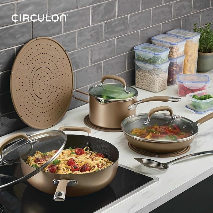 Circulon A1 Series with ScratchDefense Technology Nonstick Induction Pots and Pans Metal Utensil Safe Includes Splatter Guard Slotted Turner and Silicone Trivets 10 Piece Cookware Set - Champagne