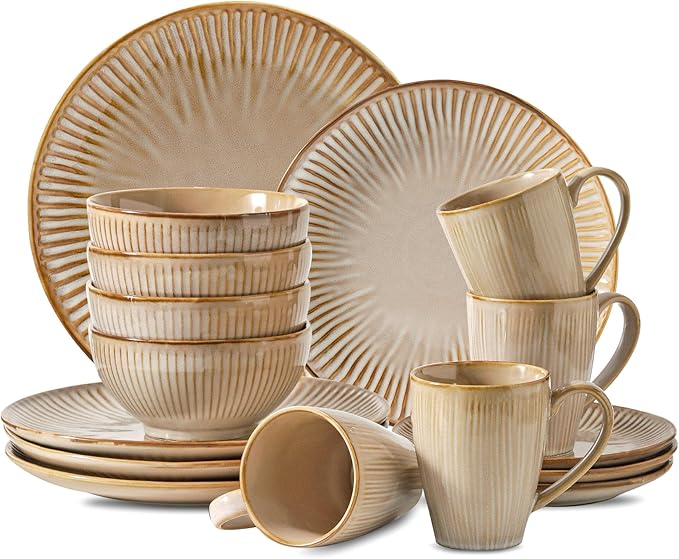 HVH Stoneware Dinnerware Sets 16 Pieces Plates and Bowls Sets Kitchen Dishes Set for 4 Dinner Dessert Plates Cereal Bowls and mugs for Party and Dinner Farmhouse Style (Sand Color)