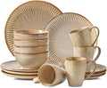 HVH Stoneware Dinnerware Sets 16 Pieces Plates and Bowls Sets Kitchen Dishes Set for 4 Dinner Dessert Plates Cereal Bowls and mugs for Party and Dinner Farmhouse Style (Sand Color)
