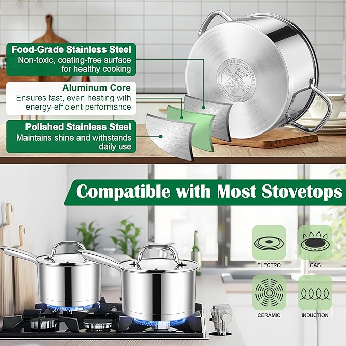 E-far 10-Piece Stainless Steel Cookware Set and Stainless Steel Baking Pan Set Bundle Induction Pots and Pans Set with Tri-Ply Base 6-Piece Metal Bakeware Sets Include Cookie Sheet Dishwasher Safe