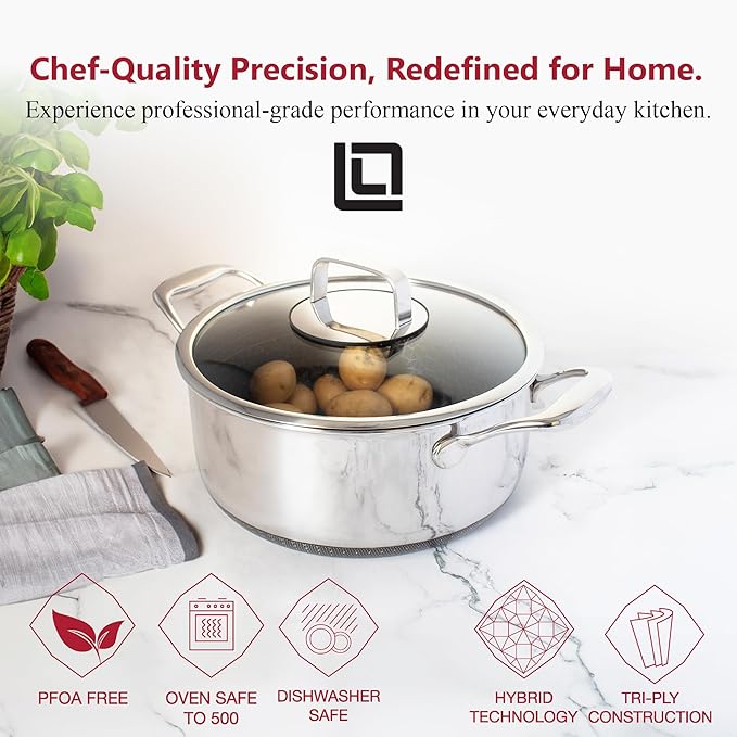 LIVWELL DiamondClad 6 Quarts Nonstick Hybrid Saucepan with Lid - Kitchen Gift - Nonstick Stainless Steel Saucepan - Hybrid Cookware Set - Heavy Stainless Steel Pot - Dishwasher Safe - PFOA-free