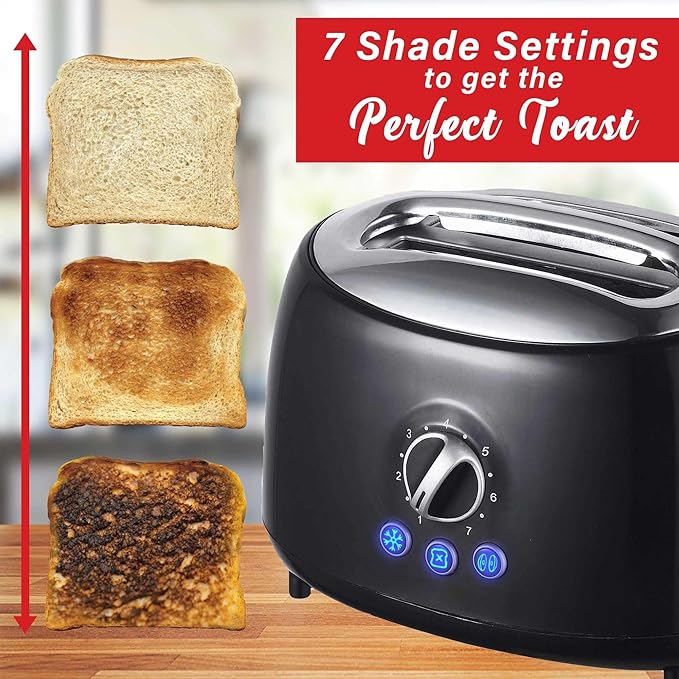 Cool Touch 2-Slice Extra Wide Slot Toaster with 7 Shade Settings Defrost and Bagel Functions – Black and Blue Retro Kitchen Toaster (Black)