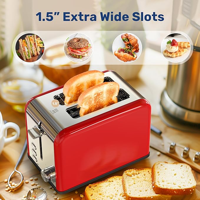 YSSOA 2-Slice Toaster with 6 Browning Setting and 3 Function Extra Wide Slot &amp Removable Crumb Tray Retro Stainless-Steel Style for Bread &amp Waffle Red