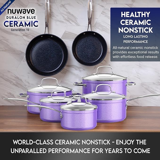 Nuwave Healthy Duralon Blue Ceramic Nonstick Cookware Set Diamond Infused Scratch-Resistant PFAS Free Dishwasher &amp Oven Safe Induction Ready &amp Evenly Heats Tempered Glass Lids &amp Stay-
