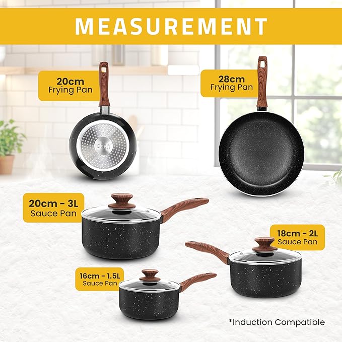 KICHLY Granite Kitchen Cookware Set 8 Piece Nonstick Pots &amp Pans Set Induction Frying Pans Saucepan with Lids Induction Compatible Cookware PFOA-Free Non-Stick Cooking Set Black