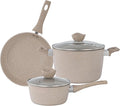 Lorren Home Trends Cookware Set Beige Granite Non-Stick Coating 10-Inch Fry Pan 5-Quart Stock Pot with Glass Lid 1.6-Quart Sauce Pot with Glass Lid 5-Piece