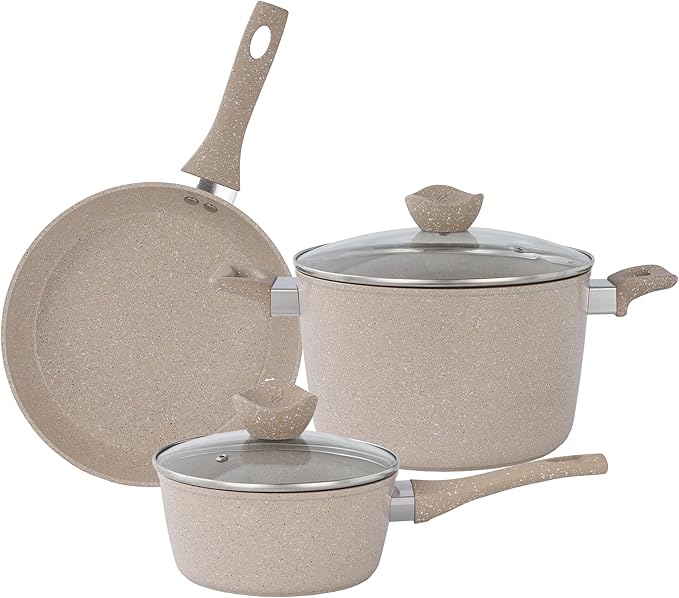 Lorren Home Trends Cookware Set Beige Granite Non-Stick Coating 10-Inch Fry Pan 5-Quart Stock Pot with Glass Lid 1.6-Quart Sauce Pot with Glass Lid 5-Piece
