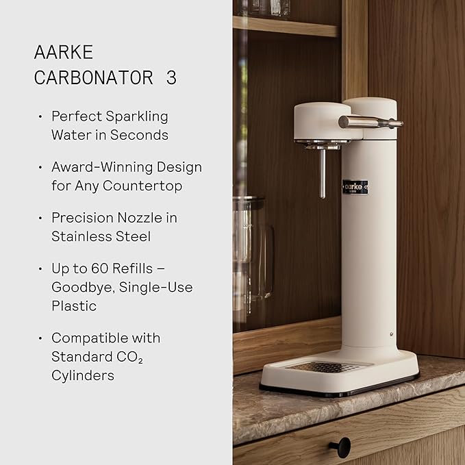 Aarke Carbonator lll with CO2 Cylinder Sparkling &amp Carbonation Water Machine Stainless Steel with PET BPA-Free Reusable Bottle Volume 1L/34 fl oz (Matte White)
