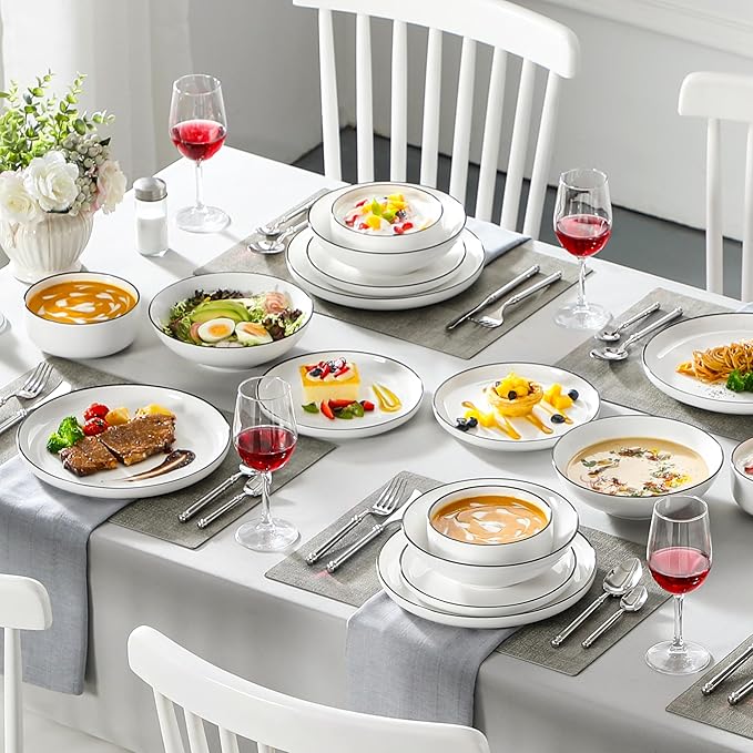 MALACASA Plates and Bowls Sets 24 Pieces Modern Porcelain Dinnerware Set for 6 Ceramic Dishware Dishes White Kitchen Dinner Dining Ware Set wtih Black Rim Microwave and Dishwasher Safe Series LUNA