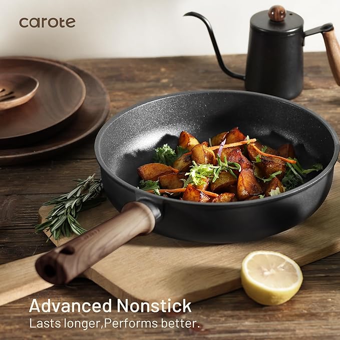 CAROTE 24Pcs Nonstick Kitchen Titanium Cookware Sets Non stick Pots and Pans set Induction Cookware Set Black