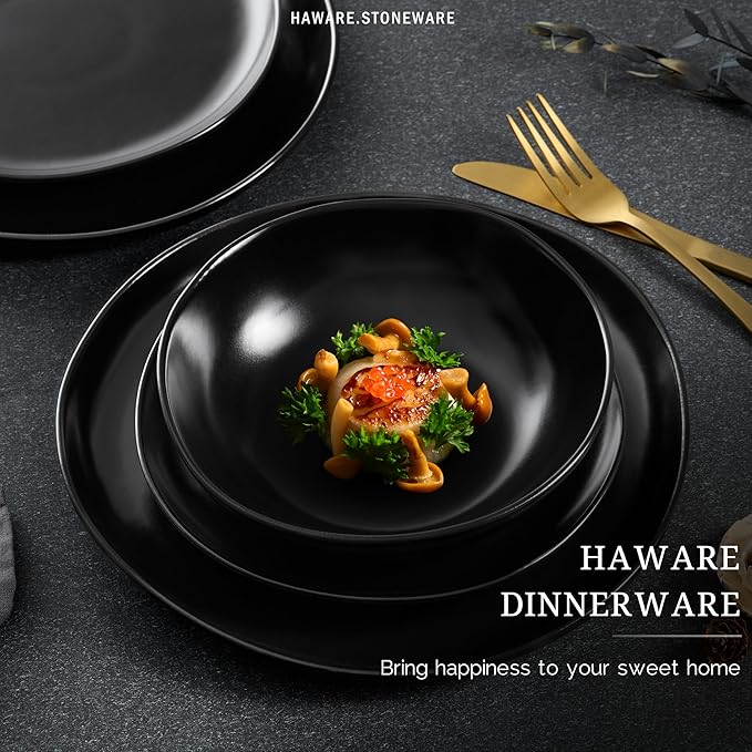 HaWare Plates and Bowls Set Stoneware Dinnerware Sets 16-Piece Hand-painted Dishware for 4 Ceramic Dish Set for Home Kitchen Scratch Resistant Microwave and Dishwasher Safe Matte Black