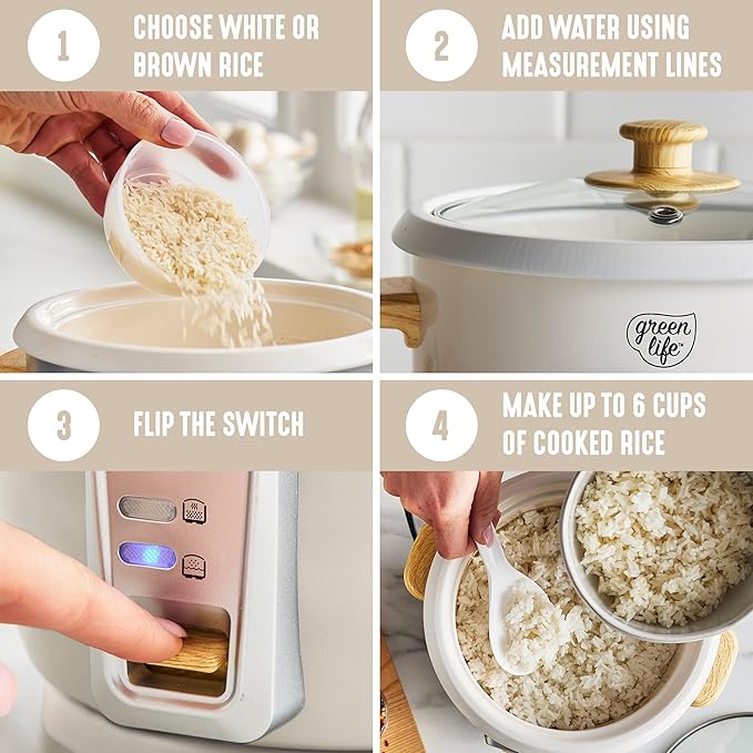 GreenLife Rice Cooker with Removable PFAS-Free Ceramic Nonstick Pot 3-Cups Uncooked/6-Cups Cooked Grains &amp Oatmeal Multicooker Compact One-Switch Design Auto Keep Warm Easy Clean Cream