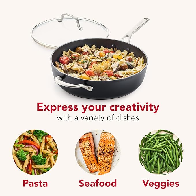 KitchenAid Hard Anodized Induction Nonstick Cookware Saute Pan/Jumbo Cooker with Lid and Helper Handle Dishwasher Safe 5 Quart Non Stick Sauteuse with Stainless Steel Handles - Matte Black