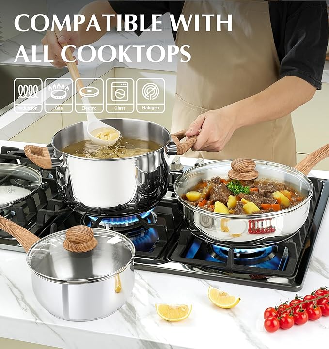 KOCH SYSTEME CS Stainless Steel Pots and Pans Set Professional 18/10 Cookware Set Pots and Pans Set 12PCS with Cool-Touch Bakelite Handles Tri-ply Base Kitchen Cookware Sets Induction Compatible