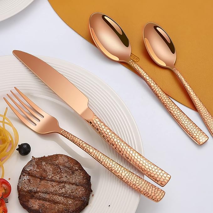 20-Piece Rose Gold Hammered Stainless Steel Flatware Set for 4 Including Fork Knife Spoon Set Home Kitchen Cutlery Sets Dishwasher Safe