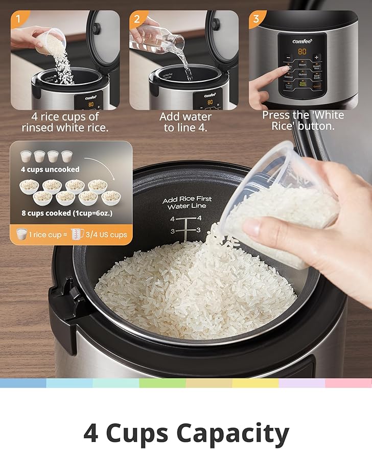 COMFEE' Compact Rice Cooker 6-in-1 Stainless Steel Multi Cooker Slow Cooker Steamer Saute and Warmer 2 QT 8 Cups Cooked(4 Cups Uncooked) Brown Rice Quinoa and Oatmeal 6 One-Touch Programs C