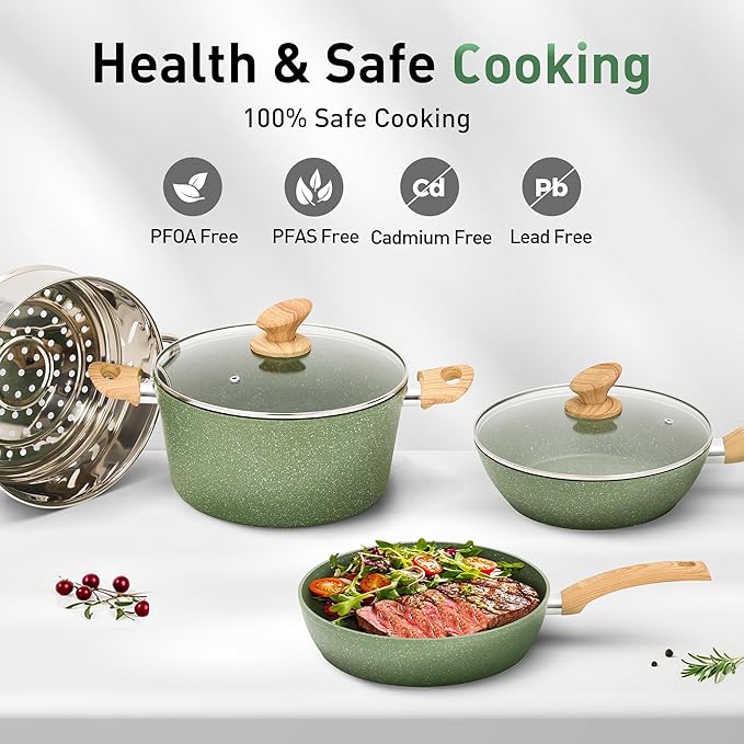 Kitchen Academy 30Pcs Induction Cookware Sets - Nonstick Kitchen Cooking Pans Set Pots and Pans Set Non Stick Green Healthy &amp Non Toxic Cookware Set