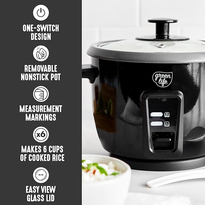 GreenLife Rice Cooker with Removable PFAS-Free Ceramic Nonstick Pot 3-Cups Uncooked/6-Cups Cooked Grains &amp Oatmeal Multicooker Compact One-Switch Design Auto Keep Warm Easy Clean Black