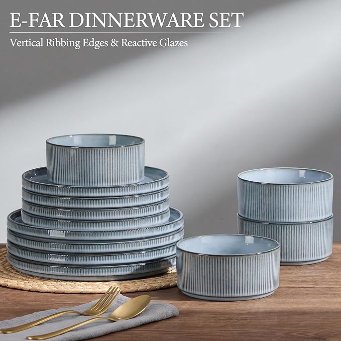 E-far Stoneware Dinnerware Sets for 2 6-Piece Plates and Bowls Sets Chip &amp Scratch Resistant Ribbed Dish Set for Home Restaurant Microwave &amp Dishwasher Safe Dusty Blue