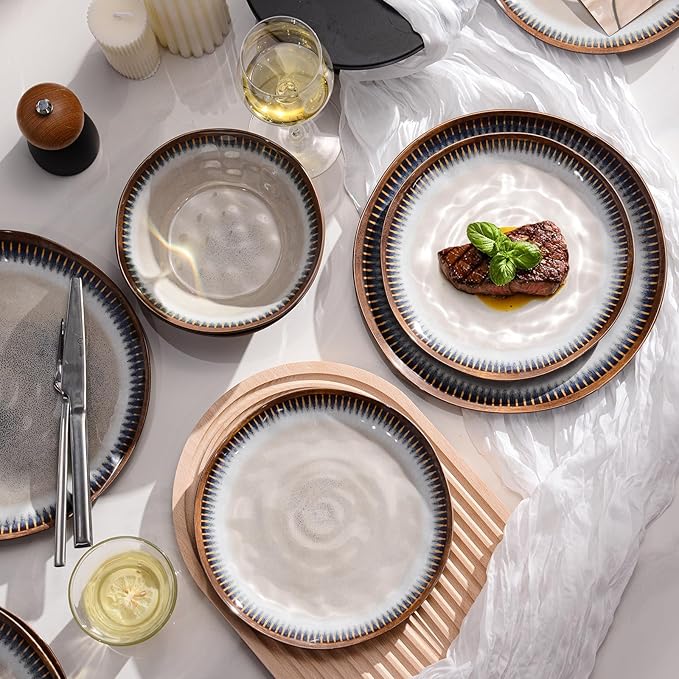 Melamine Dinnerware Set 12 Pcs Dishware Sets Plate and Bowl Set Service for 4 Lightweight and Unbreakable Dinnerware Sets for Camping Great for RV Dishwasher Safe Sahara Beige and Blue
