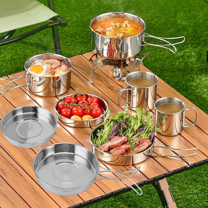 Topyond 6PCS Camping Pots and Pans SetPortable Cookware Set Rapid Heating 304 Stainless Steel Efficient Easy to Clean Multifunctional Tableware