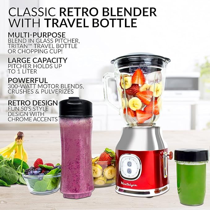 Classic Retro Electric Pulse Blender 1 Liter Glass Pitcher Includes Tritan Personal Travel Bottle With Lid And Storage Container High Power 300 Watts Crushes And Pulverizes Ice Cubes