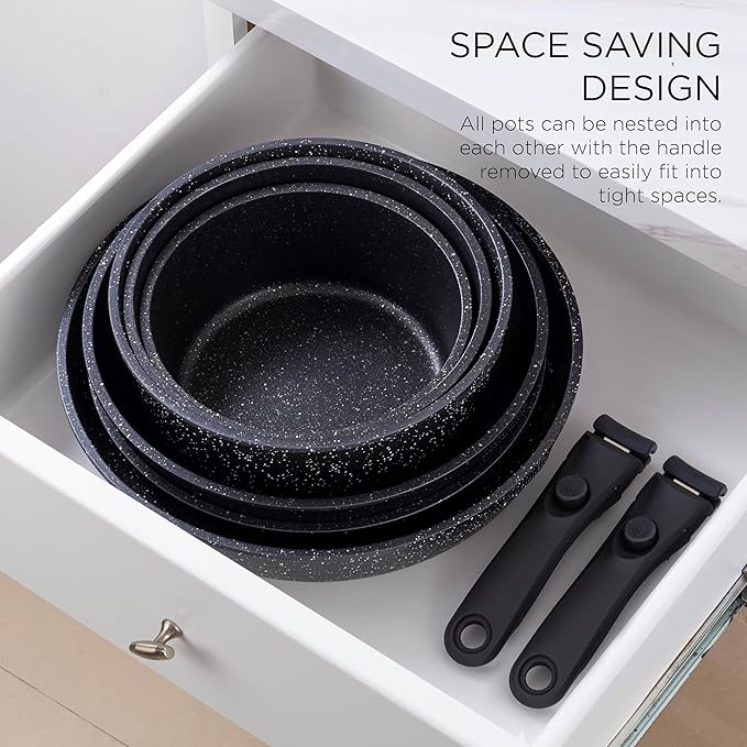 Country Kitchen Cookware Set with Removable Handle Oven &amp RV Safe Pots and Pans Set Black Deluxe Larger Set