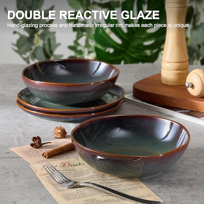 Vesteel Dinnerware Set for 4 12 Pieces Premium Stoneware Plates and Bowls Set Handmade Reactive Glaze Dishes for Home Chip &amp Scratch Resistant Microwave and Dishwasher Safe - Forest Green