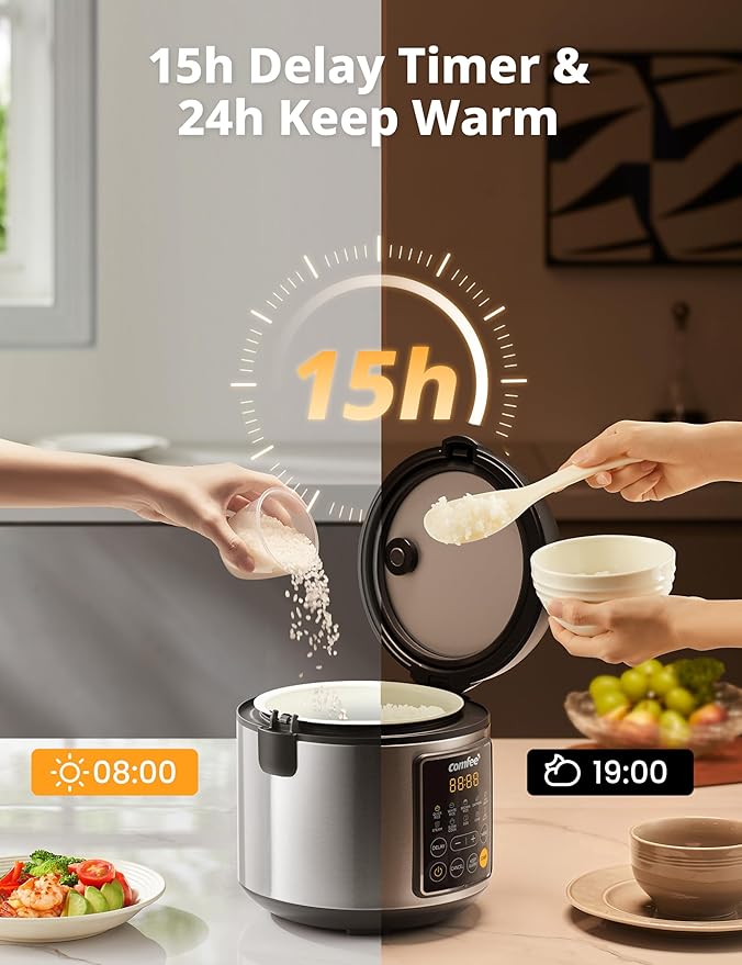 COMFEE' Rice Cooker 4 Cups Uncooked 8 Cups Cooked Slow Cooker 2 Qt Small Multicooker with 10 Presets Steamer &amp Grain Cooker Non-Stick Inner Pot