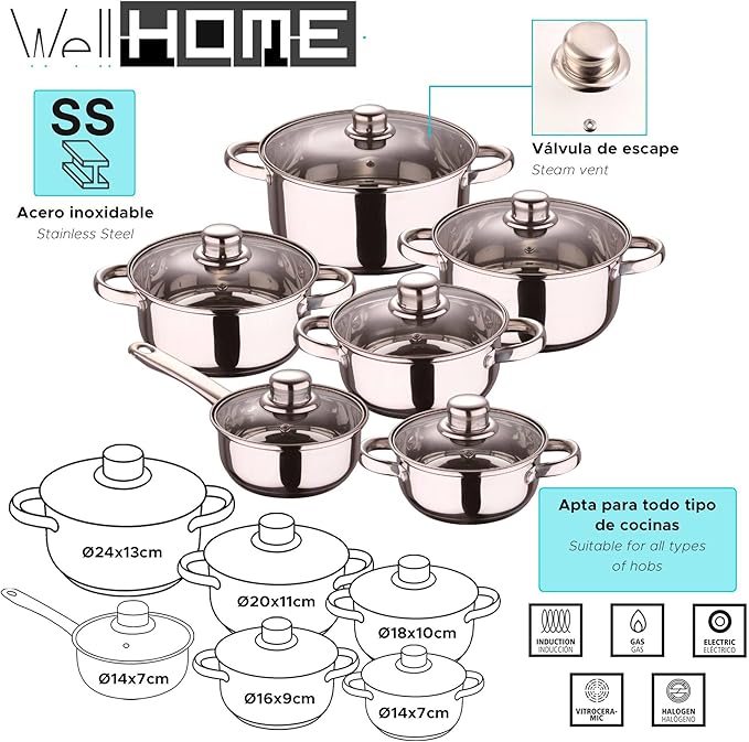 Well Home Cookware Set 12 Pieces Stainless Steel + 3 Pans Diameter 16 x 20 x 24 cm Grey Metallic Pressed Aluminium